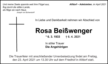 Traueranzeige von Rosa Beißwenger von Gmünder Tagespost