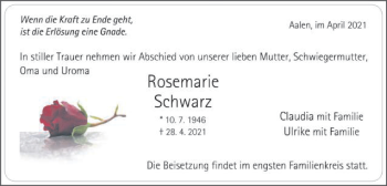 Traueranzeige von Rosemarie Schwarz von Schwäbische Post