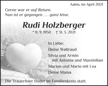 Traueranzeige von Rudi Holzberger von Schwäbische Post
