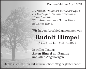 Traueranzeige von Rudolf Himpel von Schwäbische Post