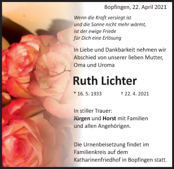 Traueranzeige von Ruth Lichter von Schwäbische Post