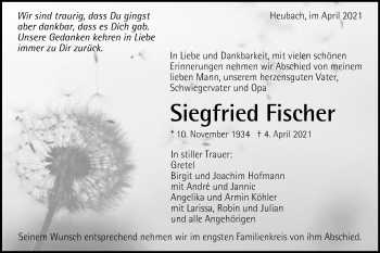Traueranzeige von Siegfried Fischer von Gmünder Tagespost