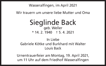 Traueranzeige von Sieglinde Back von Schwäbische Post