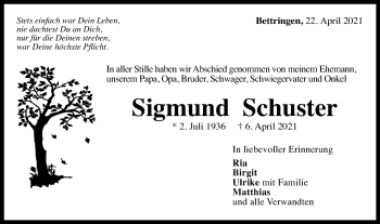Traueranzeige von Sigmund Schuster von Gmünder Tagespost