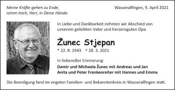 Traueranzeige von Stjepan Zunec von Schwäbische Post
