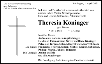 Traueranzeige von Theresia Köninger von Schwäbische Post