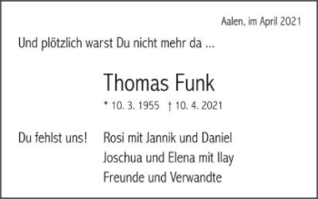 Traueranzeige von Thomas Funk von Schwäbische Post