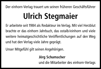 Traueranzeige von Ulrich Stegmaier von Gmünder Tagespost