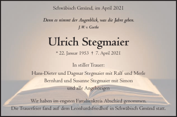 Traueranzeige von Ulrich Stegmaier von Gmünder Tagespost