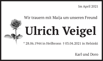 Traueranzeige von Ulrich Veigel von Gmünder Tagespost