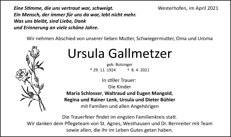  Traueranzeige für Ursula Gallmetzer vom 10.04.2021 aus Schwäbische Post