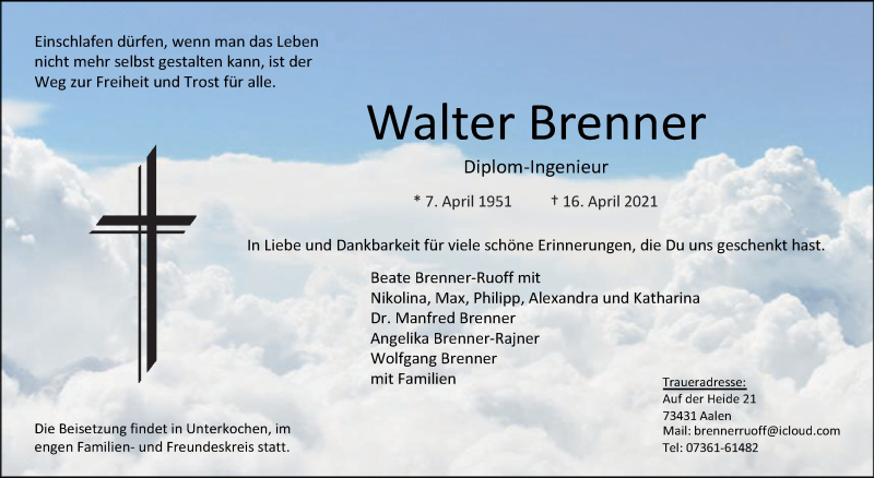  Traueranzeige für Walter Brenner vom 19.04.2021 aus Schwäbische Post