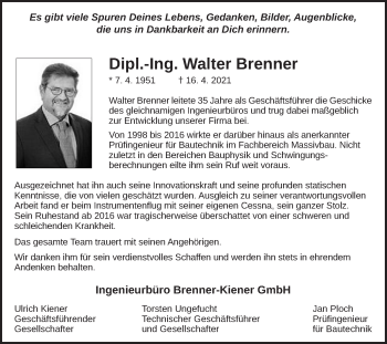 Traueranzeige von Walter Brenner von Schwäbische Post
