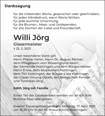 Traueranzeige von Willi Jörg von Schwäbische Post