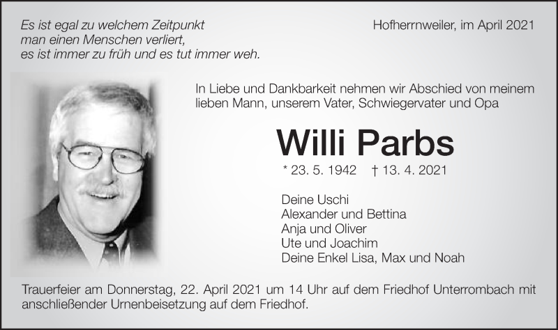  Traueranzeige für Willi Parbs vom 17.04.2021 aus Schwäbische Post