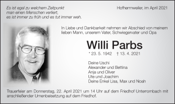 Traueranzeige von Willi Parbs von Schwäbische Post