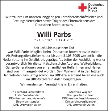 Traueranzeige von Willi Parbs von Schwäbische Post