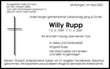 Traueranzeige von Willy Rupp von Gmünder Tagespost