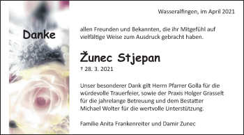 Traueranzeige von Zunec Stjepan von Schwäbische Post