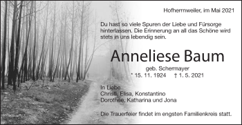Traueranzeige von Anneliese Baum von Schwäbische Post