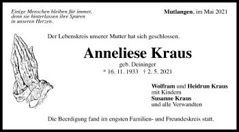 Traueranzeige von Anneliese Kraus von Gmünder Tagespost