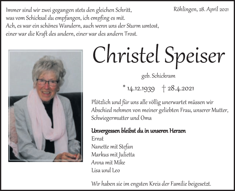  Traueranzeige für Christel Speiser vom 08.05.2021 aus Schwäbische Post