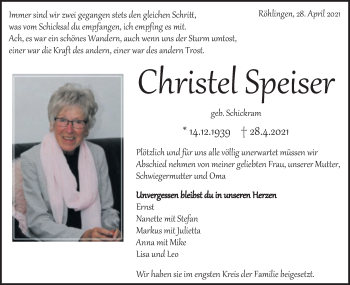 Traueranzeige von Christel Speiser von Schwäbische Post