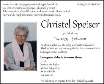 Traueranzeige von Christel Speiser