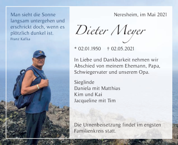 Traueranzeige von Dieter Meyer von Bopfinger Stadtanzeiger