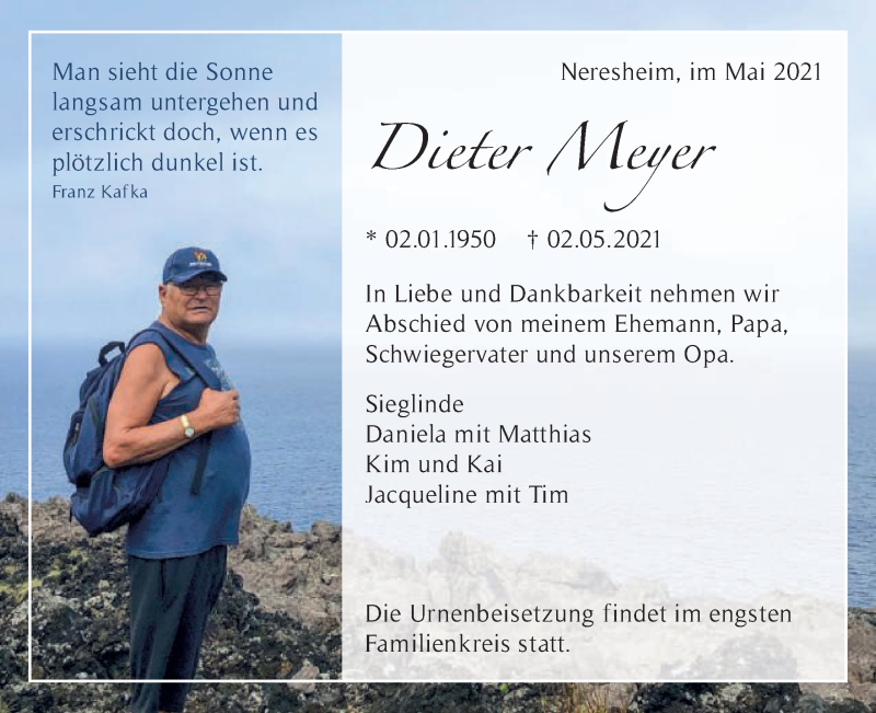  Traueranzeige für Dieter Meyer vom 05.05.2021 aus Schwäbische Post