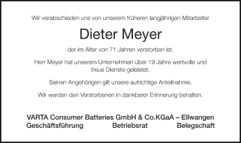 Traueranzeige von Dieter Meyer von Schwäbische Post