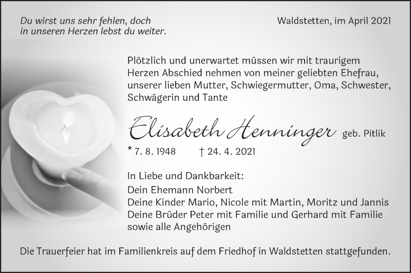  Traueranzeige für Elisabeth Henninger vom 03.05.2021 aus Gmünder Tagespost