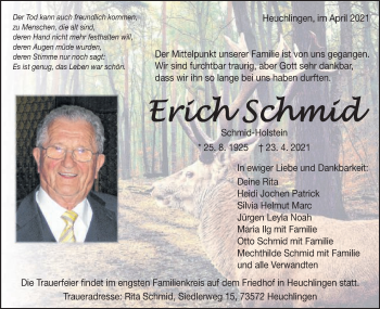 Traueranzeige von Erich Schmid von Gmünder Tagespost