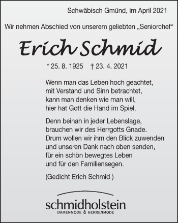 Traueranzeige von Erich Schmid von Gmünder Tagespost