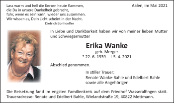 Traueranzeige von Erika Wanke von Schwäbische Post