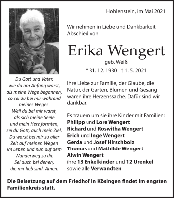 Traueranzeige von Erika Wengert von Schwäbische Post