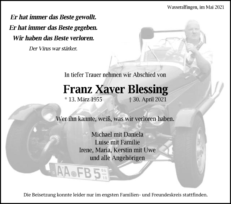  Traueranzeige für Franz XAver Blessing vom 08.05.2021 aus Schwäbische Post