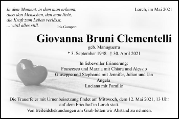 Traueranzeige von Giovanna Bruni Clementelli von Gmünder Tagespost
