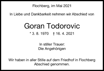 Traueranzeige von Goran Todorovic von Bopfinger Stadtanzeiger