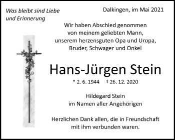 Traueranzeige von HAns-Jürgen Stein von Schwäbische Post