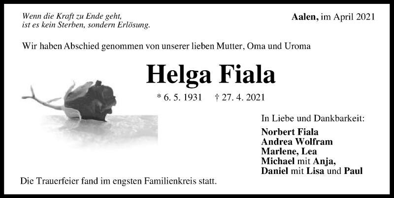  Traueranzeige für Helga Fiala vom 08.05.2021 aus Schwäbische Post