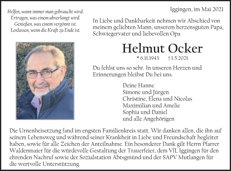  Traueranzeige für Helmut Ocker vom 10.05.2021 aus Gmünder Tagespost