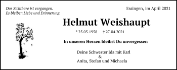 Traueranzeige von Helmut Weishaupt von Schwäbische Post