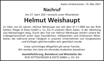 Traueranzeige von Helmut Weishaupt von Schwäbische Post