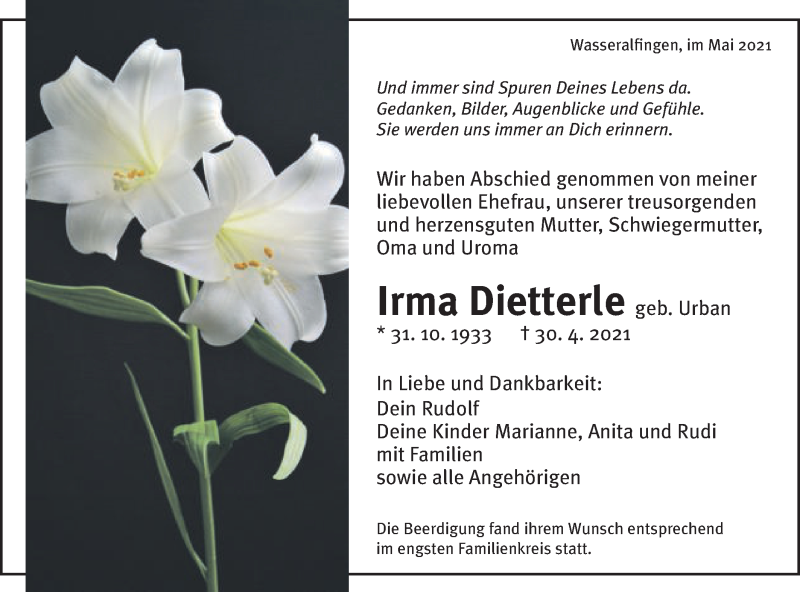  Traueranzeige für Irma Dietterle vom 10.05.2021 aus Schwäbische Post