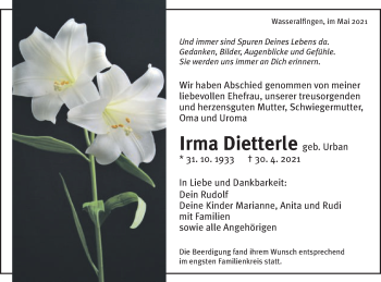 Traueranzeige von Irma Dietterle von Schwäbische Post