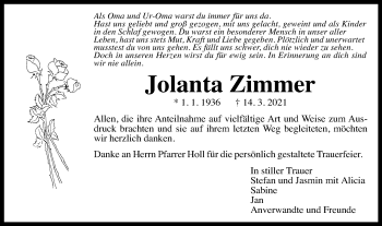 Traueranzeige von Jolanta Zimmer