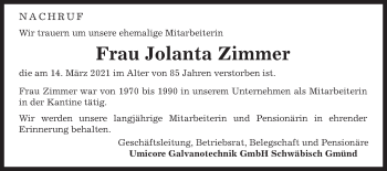 Traueranzeige von Jolanta Zimmer