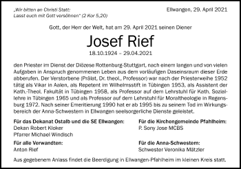 Traueranzeige von Josef Rief von Schwäbische Post