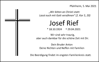 Traueranzeige von Josef Rief von Schwäbische Post